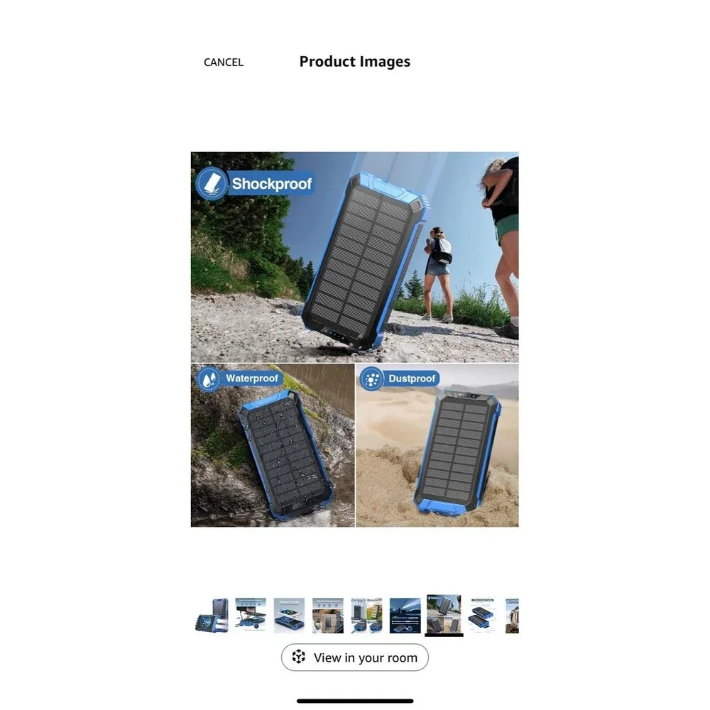 Blue Solar Power Bank 36000mAh Built-in 4 Cables Qi Wireless Charger Sealed Box